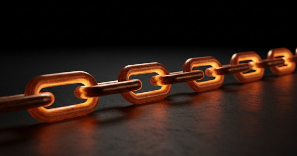 An unbroken chain of glowing links stretched across a dark surface
